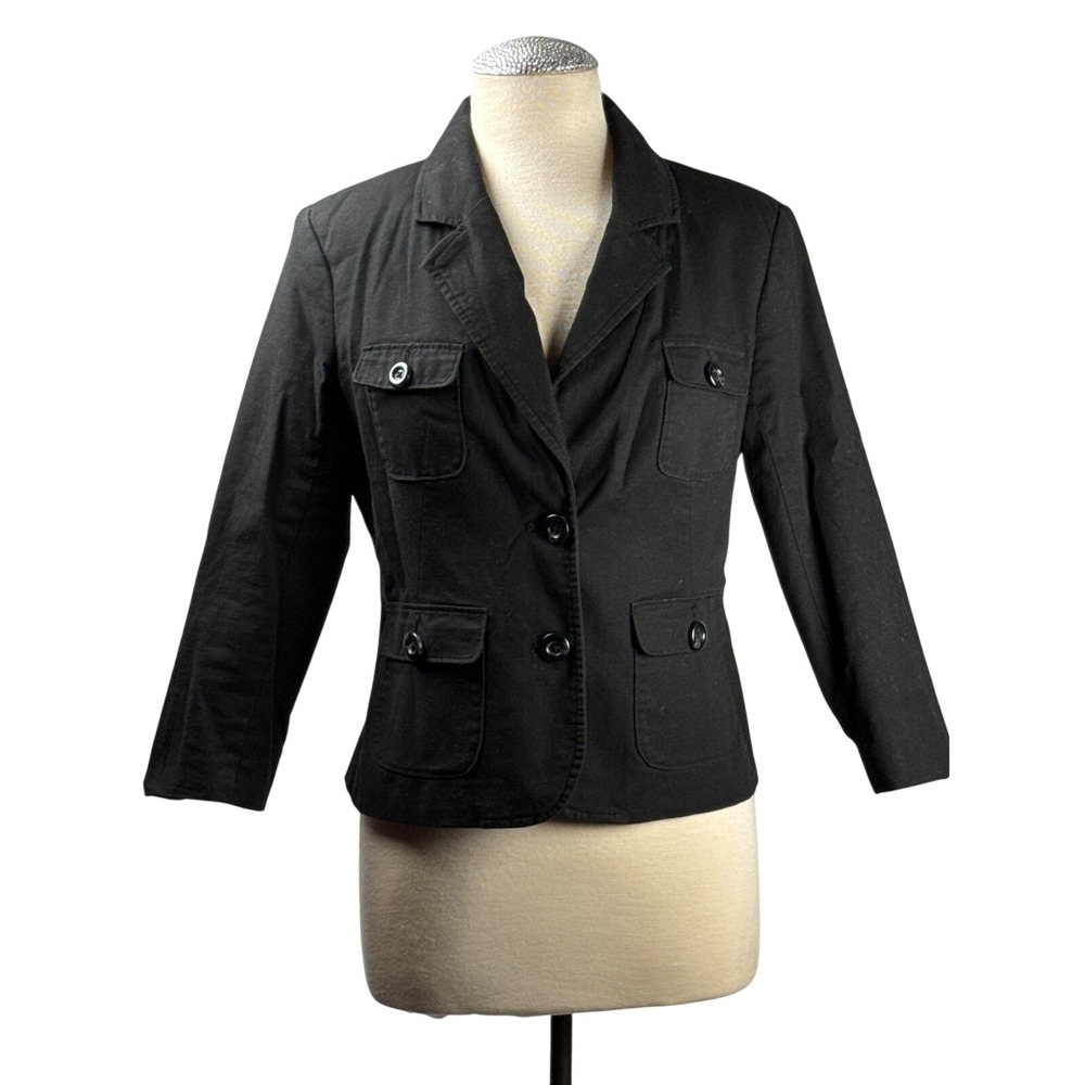 Merona Black Blazer Jacket Military Style 3/4‎ Sleeve Button Front Career Casual